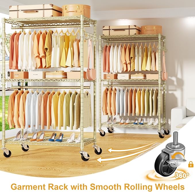 P1 Rolling Clothes Rack, Portable Wardrobe Closet with Wheels, Heavy-Duty Closet Clothing Rack for Hanging Clothes, 35.5" W x 15.7" D x 80.5" H, Hold 500lbs, Gold