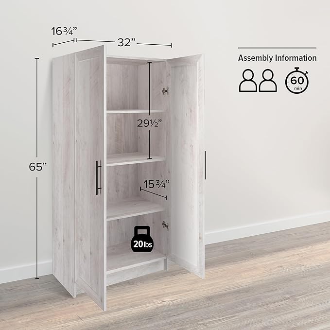 Prepac Elite Storage Accent Cabinet with Panel Doors, Rustic White Cupboard, Bathroom Cabinet, Pantry Storage with 3 Shelves 16.75" D x 32" W x 65" H