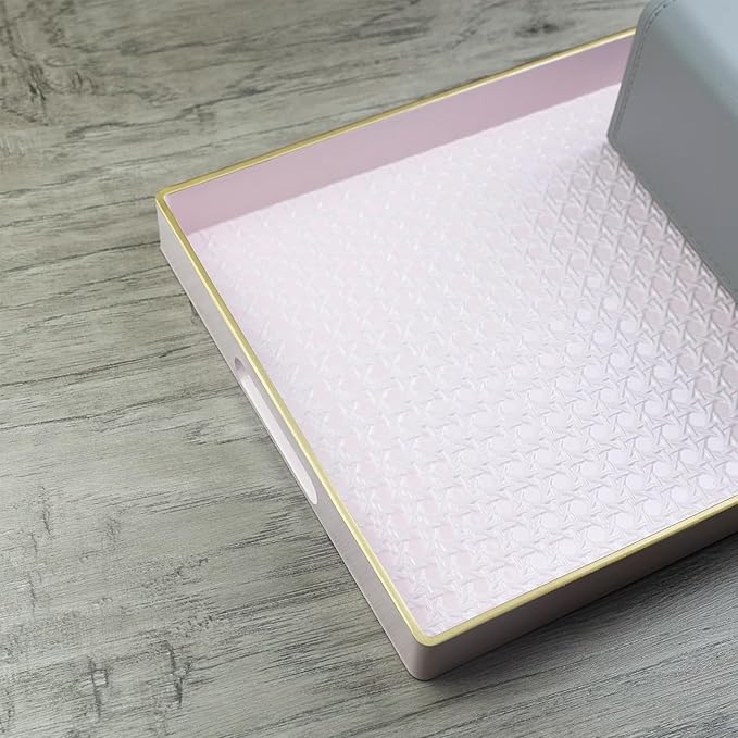 Pink Decorative Coffee Table Tray, Rectangular Plastic Serving Tray with Handles for Living Room, Ottoman, Bathroom, 15.7"*10.2"