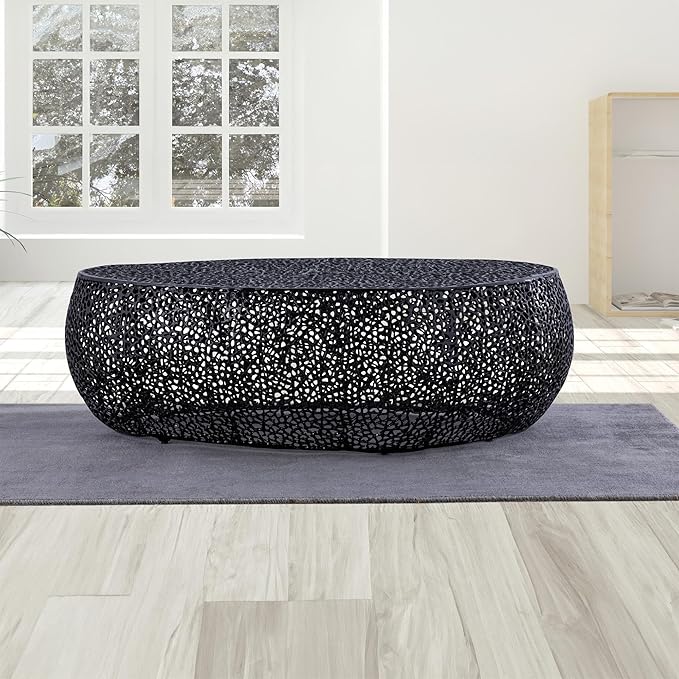 Modern Contemporary Oval-Shape 50" Coffee Table, Solid Aluminum intrigued Design, Mesh Cocktail Table, Creative Center Table for Living Room and Bedroom, Casted in Black