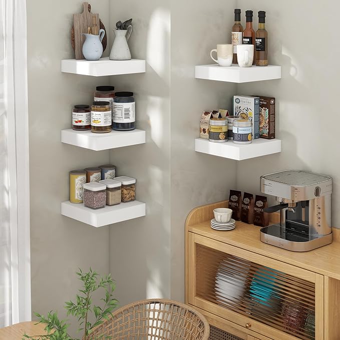 Square Floating Shelves for Wall, 12" W x 12" D x 2" H, 2 Pack of Small Wall Mounted Engineered Wood Shelves with Invisible Brackets for Living Room, Bedroom, Bathroom, Kitchen Decor, White