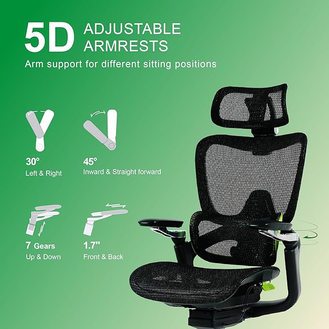 Ergonomic Office Chair, Mesh Home Office Desk Chair with Adaptive Lumbar Support, Gaming Chair with Headrest, 5D Armrest,90-130°Tilt, BIFMA Certified, Model Zen (Green)