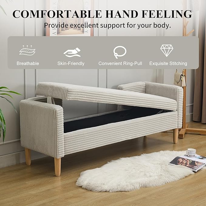 NIOIIKIT 65" Large Storage Ottoman Bench with 2 Pillows, Corduroy Upholstered Entryway Bench with Wood Leg, End of Bed Bench with Straight Armrest, Window Bench for Bedroom, Entryway (Light Grey)
