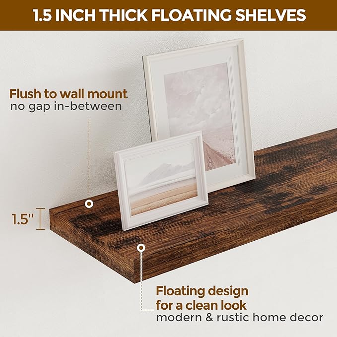 Fun Memories 55 Inch Floating Shelves for Wall, 55x9.3 Large Floating Shelf for Bedroom, Kitchen, Bathroom, Wall Mounted Rustic Wood Shelves with Invisible Bracket for Books, Decor, Rustic Brown