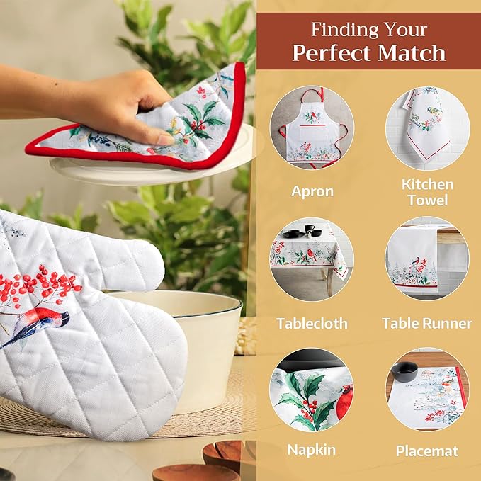 Maison d' Hermine Oven Gloves 100% Cotton Oven Mitt 7" x 13" with Loop Heat Resistant BBQ Cooking Gloves for Thanksgiving Christmas Decorations Baking Handling Hot Pans (Pack of 1, Morzine)