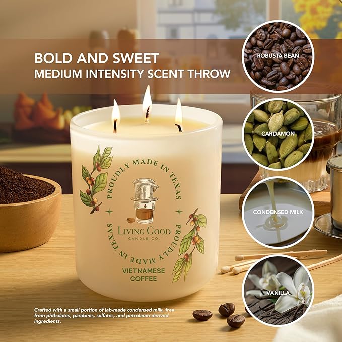 Fresh Robusta Coffee – Pure Beeswax Candle for Men and Women – Non-Toxic Scented Candle for Focus, Clarity & Mood Boosting – 90+ Hour Long Burn – Inspired by Vietnamese Coffee