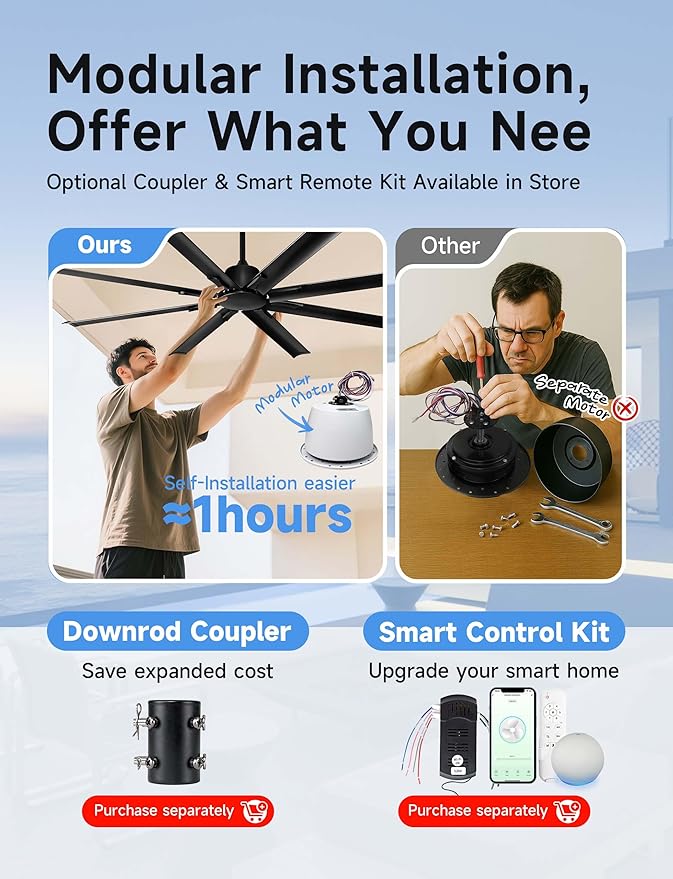 72 Inch Black Ceiling Fan Without Light with 8 Aluminum Blades,Industrial Ceilin fan with Remote,6 Speed,Quiet DC Motor,Large Outdoor Indoor Ceiling Fan for Patio,Garage,Living Room