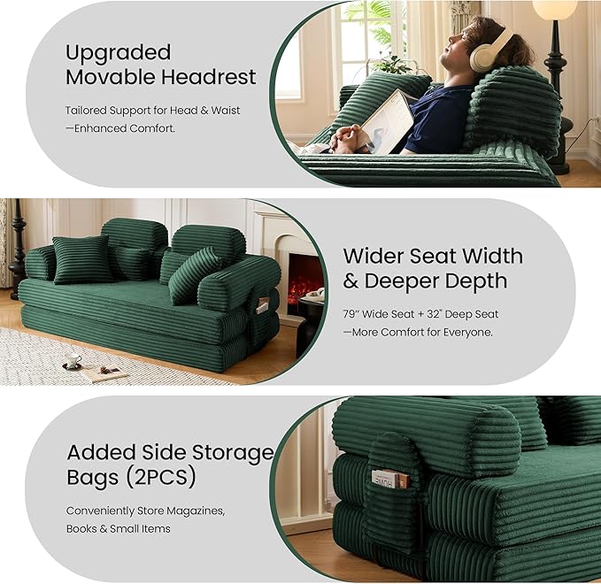 Convertible Sofa Bed,79'' Foldable Sleeper Lounge Modular Couch Comfort Compression Sofa Loveseat for Small Spaces Comfort for Apartment Bedroom (Corduroy Fabric, Dark Green1)