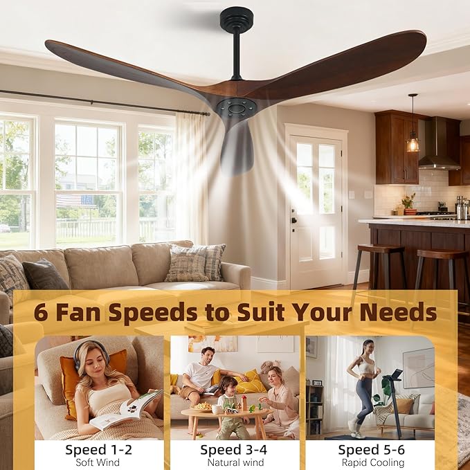 Outdoor Ceiling Fan Without Light, 60 Inch Smart Ceiling Fan with Remote & Voice Control for Alexa/Google, 3-Blade Wood Fan, Quiet DC Motor, 6 Speeds for Patio, Porch, Farmhouse, Dark Walnut