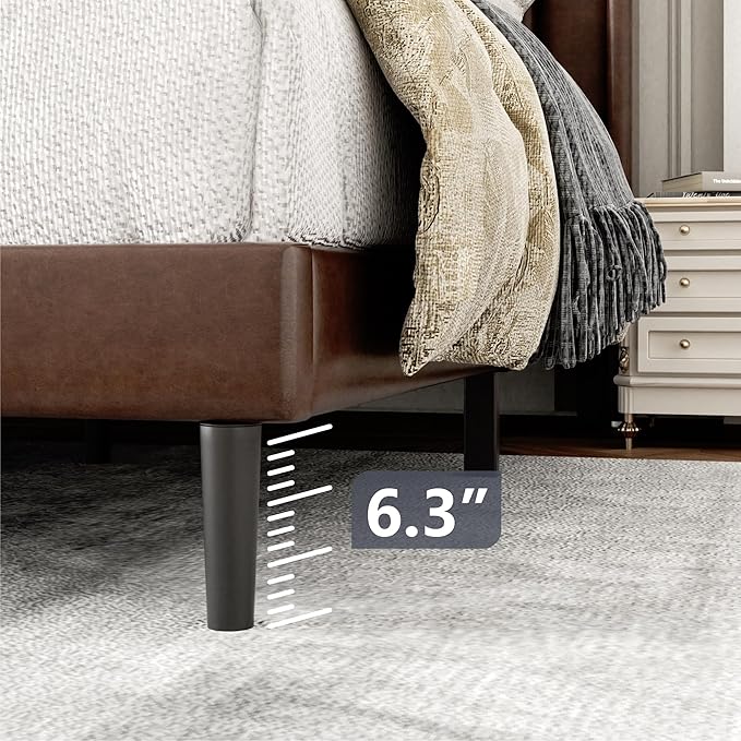 Queen Size Bed Frame with Upholstered Wingback Headboard, Easy Assemnly Platform Bed, Wooden Slat Support No Box Spring Needed, Dark Brown Leather