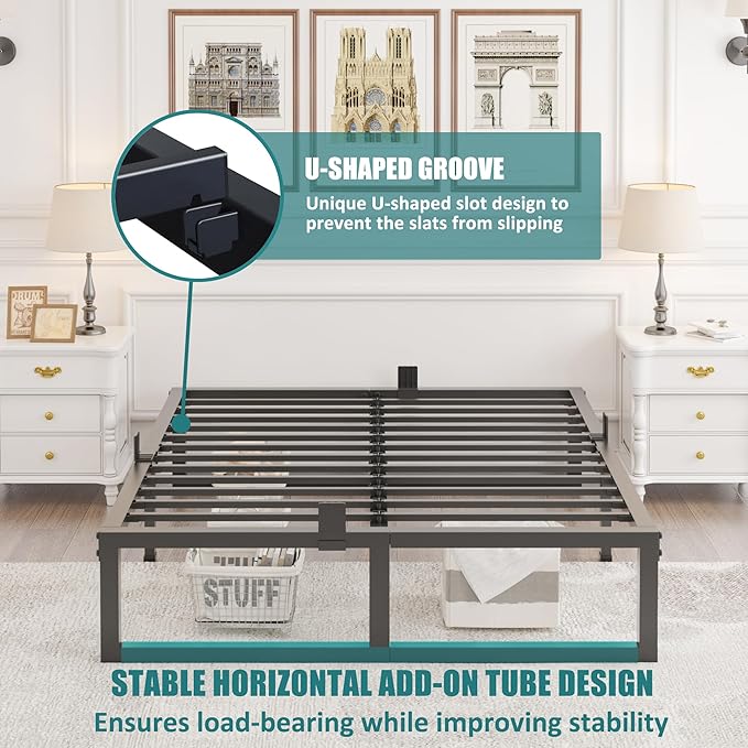 14 Inch Queen Bed Frame,3500 lbs Heavy Duty Metal Platform, Steel Slats Support/No Box Spring Needed/Noise Free/Non-Slip/Easy Assembly