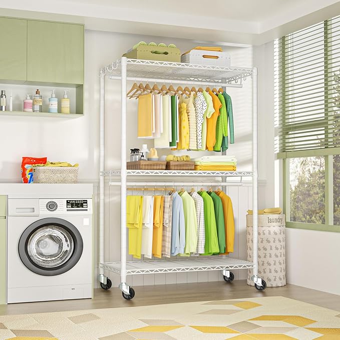 FUTASSI P3 Plus Rolling Clothes Rack, Clothing Racks for Hanging Clothes, Heavy Duty Garment Rack with Wheels, Freestanding Portable Closet Rack 45" W x 14" D x 78.5" H, Max Load 480 LBS, White