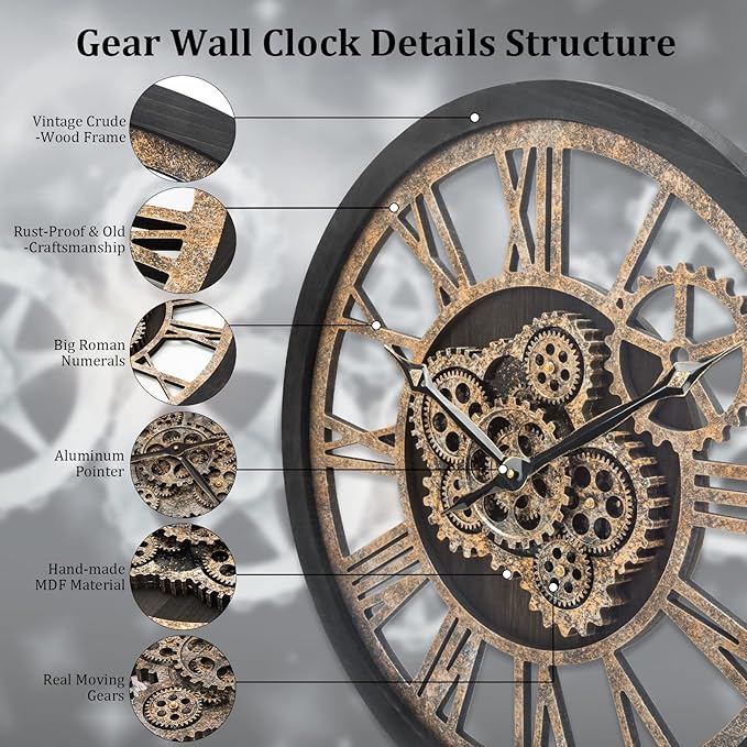 HOIBAI Large Wall Clock, 24 Inch Wall Clocks for Living Room Decor Farmhouse Vintage Rustic Kitchen Wall Decor Vintage Roman Big Oversized Wall Clock for Home Bedroom House Office, Moving Gears Clock
