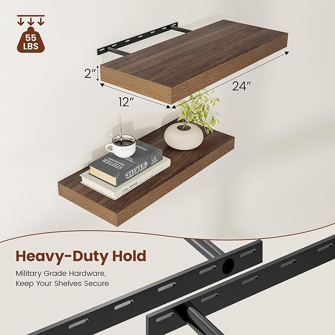 Vivelove 12 Inch Deep Floating Shelves for Wall, 24" X 12" X 2" Floating Shelf, 2 Inch Thick Shelf for Bathroom Bedroom Kitchen Book Room, Modern Farmhouse Decor Set of 2, Walnut