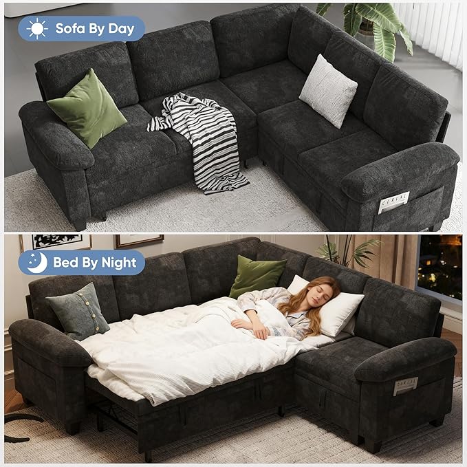 76.8" Modular Sectional Sleeper Sofa with Pull Out Bed,U Shaped 5 Seat Sectional Sofa with Storage,Modular Couch for Living Room,Deep Seat Couch with Removable Sofa Cover,Black