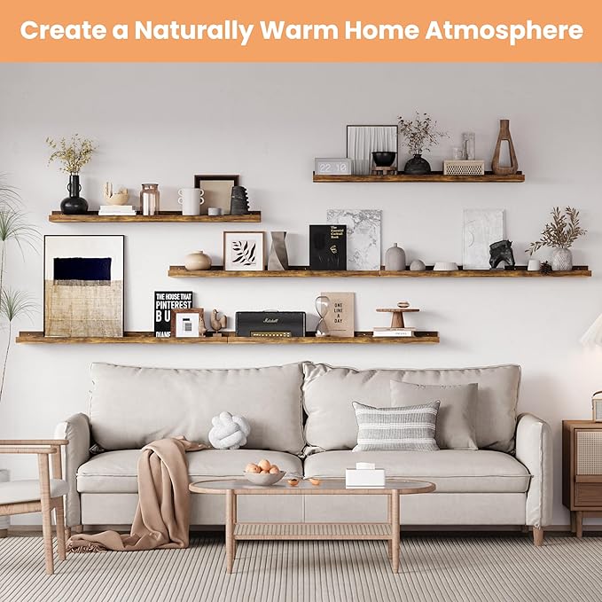 upsimples Floating Shelves for Wall, 47.3 Inch Shelves for Decor Storage Set of 6, Wall Mounted Wood Shelf for Bedroom, Living Room, Bathroom, Kitchen, Long Picture Ledge Shelves, Brown