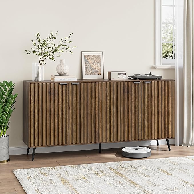 Smuxee 63" Fluted Sideboard Cabinet, Freestanding Walnut Buffet Cabinet with Adjustable Shelf, Wood Storage Cabinet for Living Room, Entryway, Hallway