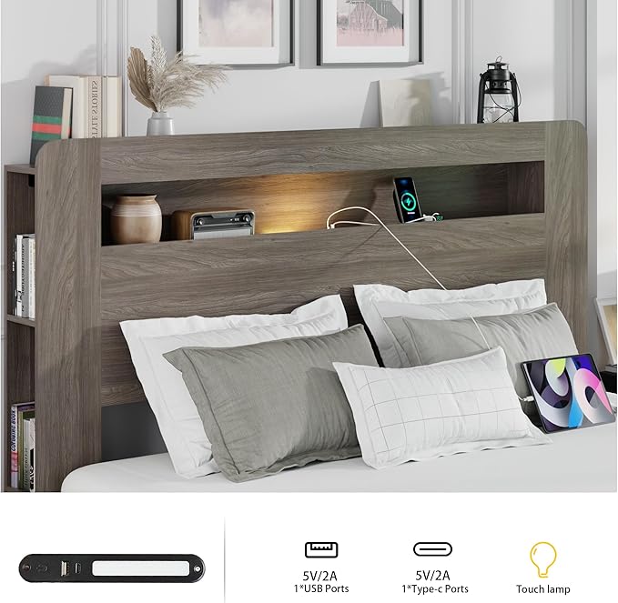 Full Size Wooden Bed Frame with Bookcace Storage Headboard, Rustic Farmhouse Bedframe with LED Lights and Charging Station, Sturdy and Stable, Slat Support, No Box Spring Required (Light Brown, Full)