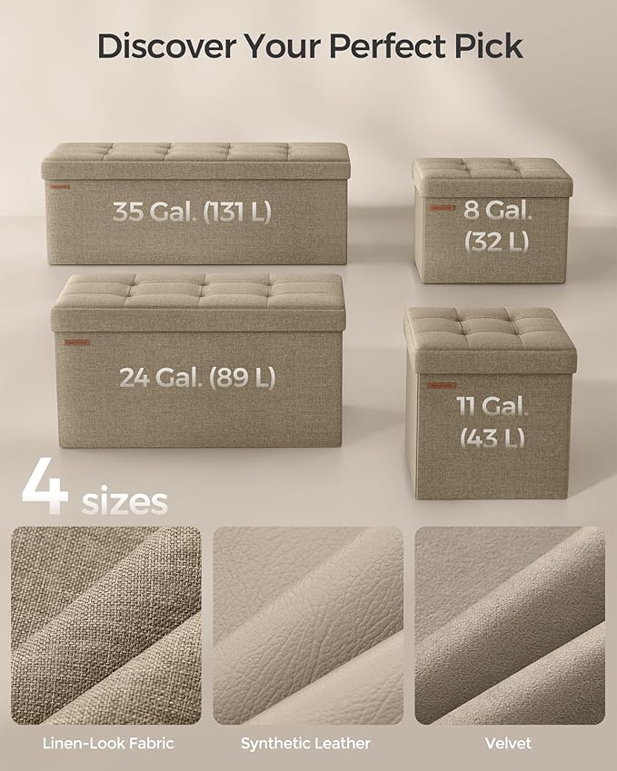 SONGMICS Mazie Collection - 30 Inches Folding Storage Ottoman Bench, Ottoman Foot Rest, End of Bed Bench, Storage Chest, Load 660 lb, for Living Room, Bedroom, Entryway, Camel Brown ULSF047R01