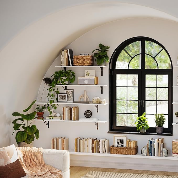 DINZI LVJ Long Wall Shelves, 31.5" Large Floating Shelves Set of 2, Farmhouse Display Shelf Wall Mounted with Heavy Duty Brackets, Easy Assembly for Kitchen, Bathroom, Bedroom, Balcony, White