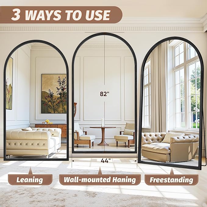 Full Length Mirror 82"×44" Floor Mirror Standing Tall Mirror, Arched Stand up Large Wall Mirrors, Freestanding Full Body Mirrors for Bedroom Living Room Wood Antique Style Black