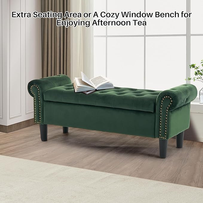 Storage Bench, 50" Queen End of Bed Bench, Velvet Tufted Button Upholstered Bedroom Bench, Storage Ottoman with Rolled Arms, Window Bench with Storage, for Living Room, Entryway Green