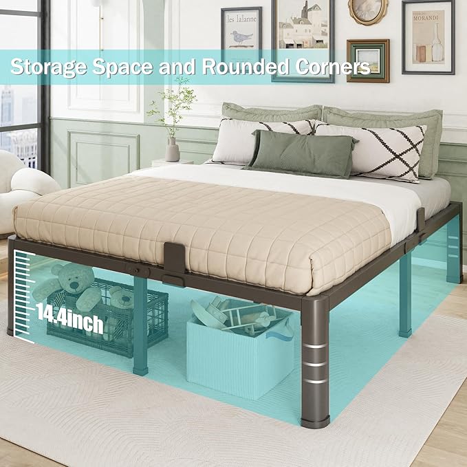 16 Inch Full Bed Frame with Rounded Corner and Headboard Hole Mattress Retainers 3500 lbs Heavy Duty Support Metal Platform Bed Frame Noise Free No Box Spring Needed Easy Assembly