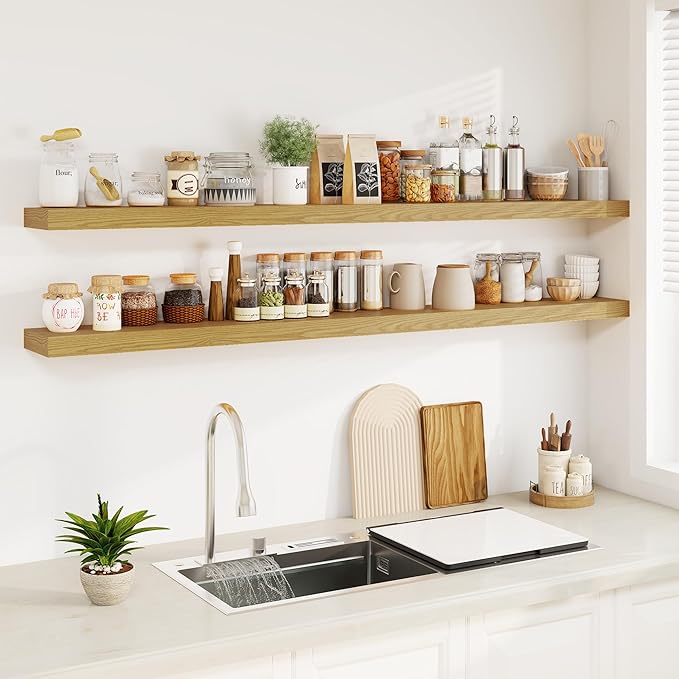 Fun Memories 72Inch Floating Shelves,Wall Mounted Rustic Wood Floating Shelf with Invisible Brackets for Storage & Decor,2 Pack Shelves for Bathroom,Bedroom and Kitchen,Oak