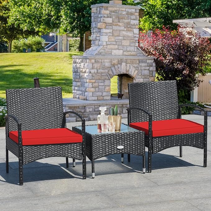 COSTWAY 3 PCS Patio Wicker Conversation Set, PE Rattan Sofa with Tempered Glass Coffee Table, 2 Chairs, 2 Cushions, Outdoor Patio Furniture Set for Yard Porch Bistro Balcony Backyard Pool, Red