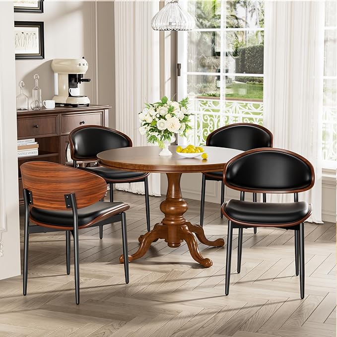 Dining Chairs Set of 4, Dining Room and Kitchen Chairs, Mid Century Modern Retro Chair, Upholstered PU Leather Chairs for Vanity with Walnut Bentwood and Metal Legs (Black)