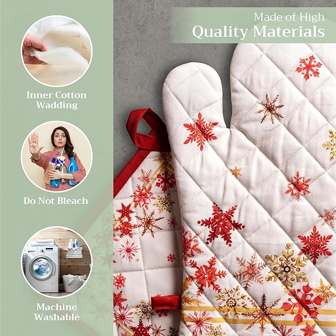 Maison d' Hermine 100% Cotton Oven Mitt & Pot Holder Set (7.5"x13" & 8"x8") Heat Resistant BBQ Cooking Gloves with Loop for Thanksgiving Christmas Decorations Handling Hot Pans (Crystal Star)