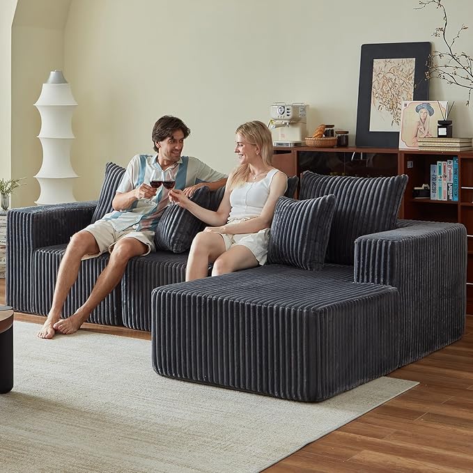 102" L-Shaped Couch for Living Room,Modular Sectional Cloud Couch with Ottoman,Boneless Sofa in A Box,Upholstered Couches for Bedroom,Beige Sofa with Oversized Chaise