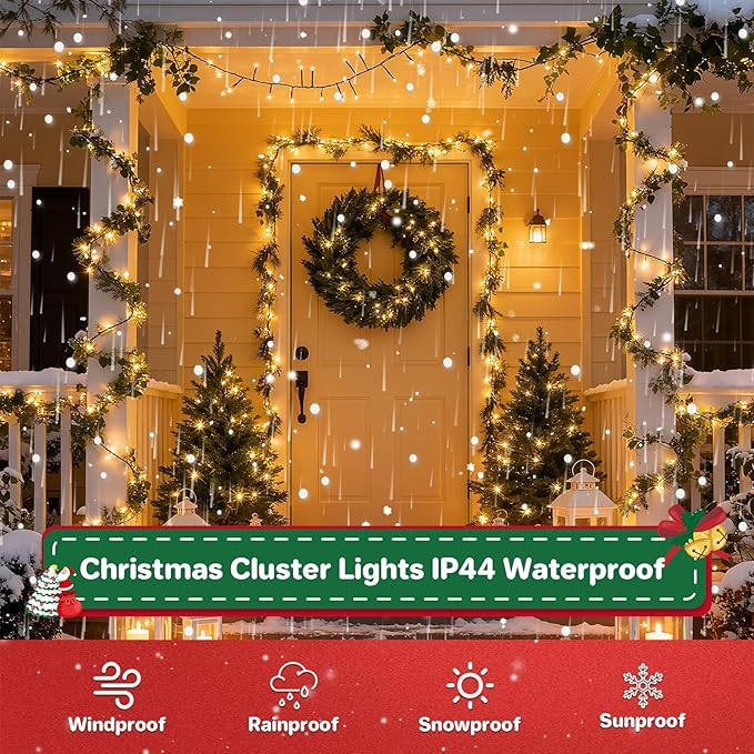 Christmas Cluster Lights Plug-in -52FT 800 LED Firecrackers String Lights,8 Modes Timer Waterproof Twinkle Fairy Lights for Christmas Tree Garland Party(Warm White)