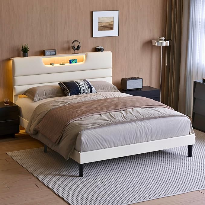 Queen Size Bed Frames with Upholstered Headboard, Modern Platform Bed with Charging Station and Led Lights, Bed Frame with Sturdy Wooden Slats/No Box Spring Needed/2-Tier Storage, Beige