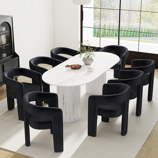 Modern Barrel Dining Chairs Set of 8, Velvet Upholstered Accent Side Chair with Arms Comfy Makeup Vanity Chairs, Dining Living Room Kitchen Chairs, Black