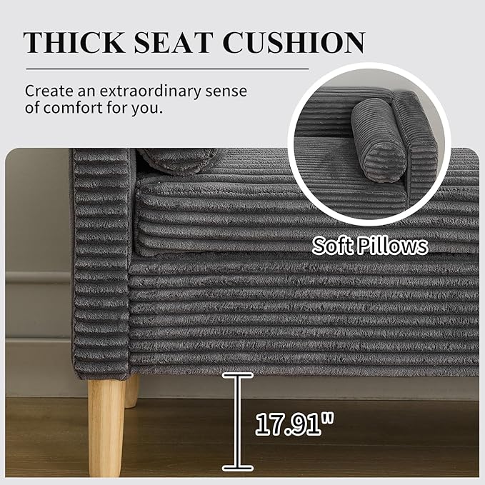NIOIIKIT 65" Large Storage Ottoman Bench with 2 Pillows, Corduroy Upholstered Entryway Bench with Wood Leg, End of Bed Bench with Straight Armrest, Window Bench for Bedroom, Entryway (Dark Grey)