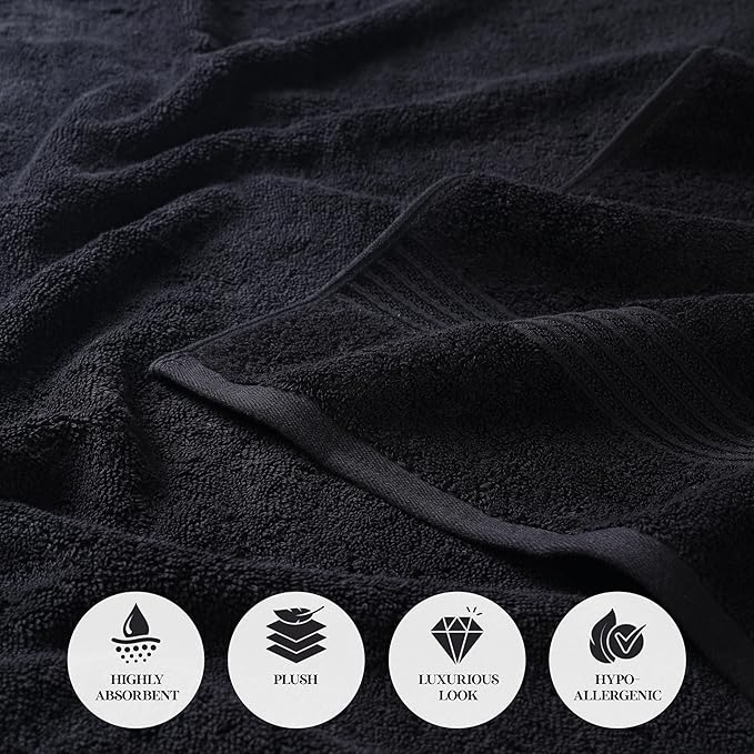 Superior Egyptian Cotton 8-Piece Towel Set, Assorted Towels for Home Bathroom, Guest Bath Decor Essentials, Includes 2 Bath, 4 Hand, 2 Face Towels/Washcloths, Quick Dry, Absorbent, Black