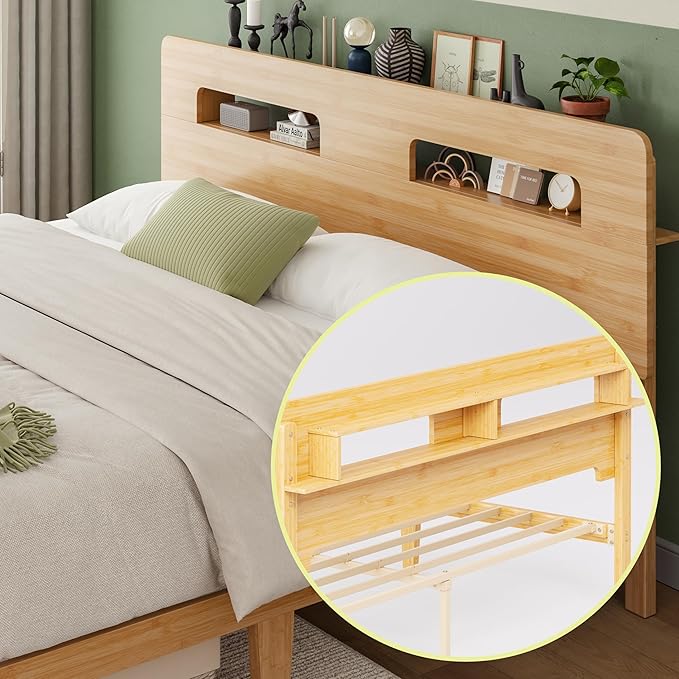 ZIYOO Solid Bamboo Wood King Size Bed Frame with Storage Headboard, 14 inch Platform King Bed Frame No Box Spring Needed with Steel Slats, Sturdy and Stable, Easy Assembly, Noise Free