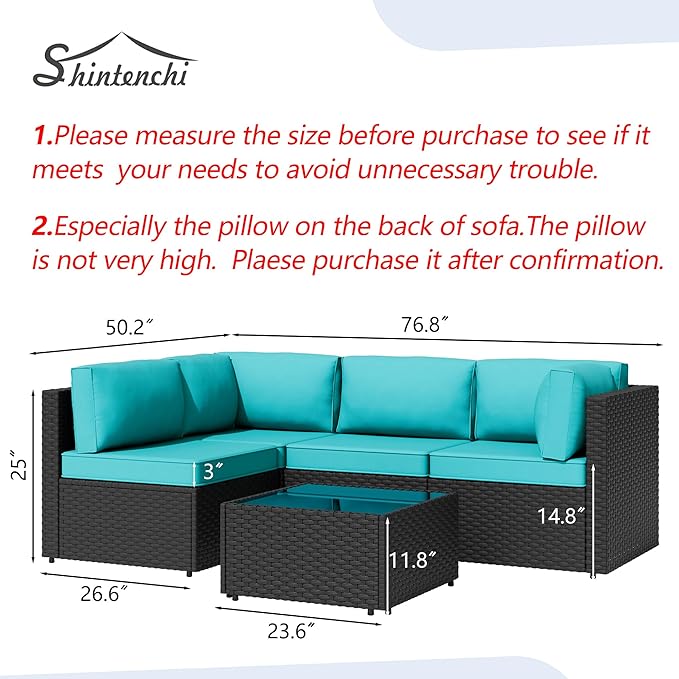 Shintenchi 5 Pieces Outdoor Patio Sectional Sofa Couch, Black PE Wicker Furniture Sets, Patio Conversation Sets with Washable Cushions Glass Coffee Table for Garden, Poolside, Backyard,Blue