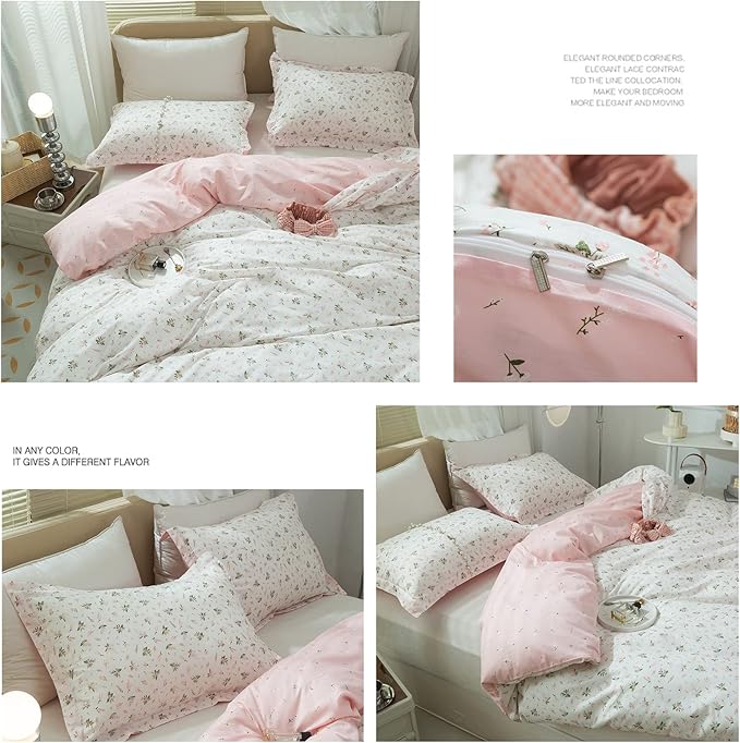 LifeTB Garden Style Duvet Cover Floral Print Bedding Sets King Pink White Floral Comforter Cover Cotton Chic Flower Print Duvet Cover for Girl Women Boho with Zipper Closure 4 Ties