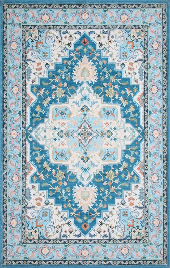 WILLSUN Washable Area Rugs, 4x6 Non-Slip Boho Large Area Rugs for Living Room, Bedroom, Machine Washable Vintage Rug, Indoor Floral Print Carpet for Home Decor, Kid & Pet Friendly Mat