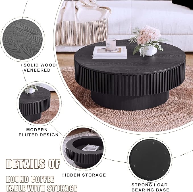 31.5'' Small Round Coffee Table with Storage, Fluted Coffee Table with Solid Wood Veneered, Mid Century Modern Wooden Center Table, Accent Tea Table for Small Space Living Room Apartment,Black