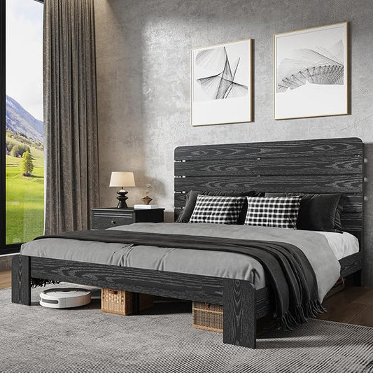 King Size Wooden Bed Frame with Headboard, Industrial Platform Bedframe with Wood Slat Support, Sturdy and No Noise, Easy Assembly (Black, King)
