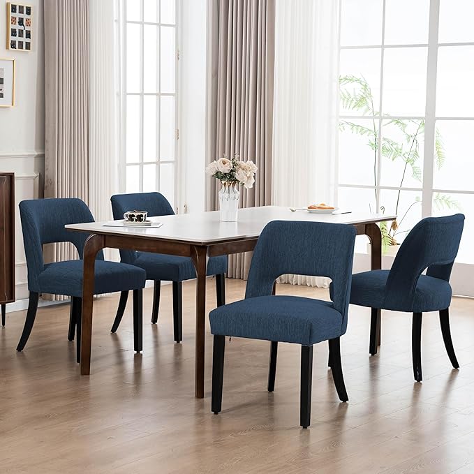 VKNOW Wooden Dining Chairs Set of 2, Modern Fabric Upholstered Dining Room Chair Kitchen Chairs, Farmhouse Dinner Chair for Kitchen Dining Room, Blue-Black Legs