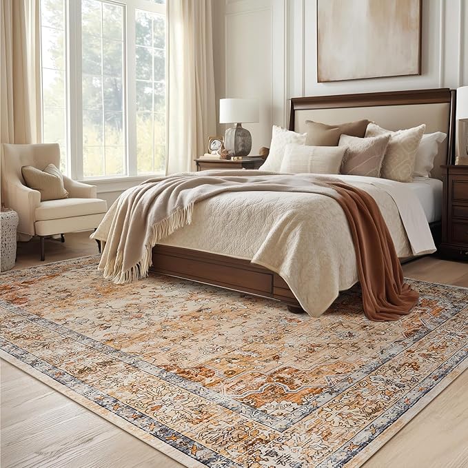 8x10 Area Rugs for Living Room Washable Non Slip Boho Modern Large Rugs Soft Faux Fur Low Pile Stain Resistant Vintage Euro Floral Big Carpet Rug for Bedroom Dining Room Family Room Fall Decor,Orange