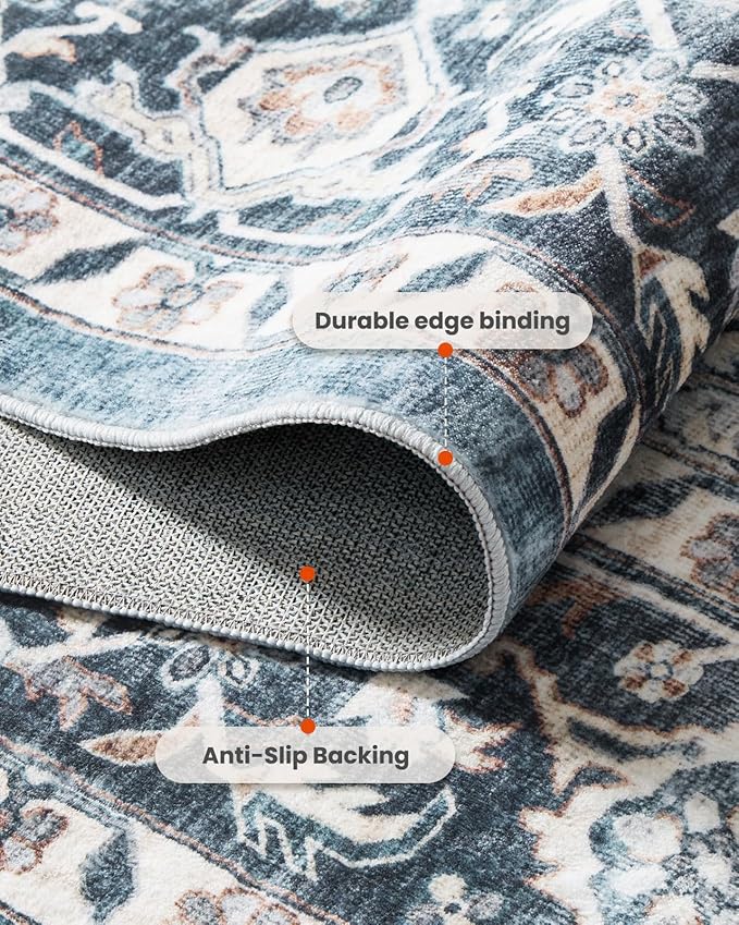 AMADA HOMEFURNISHING 8x10 Washable Area Rug, Low-Profile Large Area Rug with Non-Slip Backing & Durable Edge Binding, Vintage Large Rugs for Living Room, Bedroom, Dinning Room