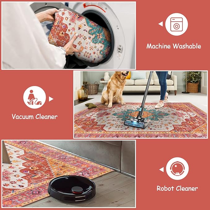 Moynesa Ultra-Thin Washable Vintage Area Rug - 5x7 Large Bedroom Boho Non-Slip Non-Shedding Living Room Mat Oriental Medallion Floor Carpet for Kids Nursery Room Office, Pink/Teal/Multi