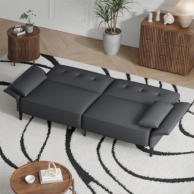 89” Futon Sofa Bed,Futon Couch Bed with 2 Square Pillows,Convertible Sleeper Sofa with Adjustable Backrest& Armrests, Modern Loveseat Sleeper for Living Room, Bedroom,Faux Leather Dark Gray