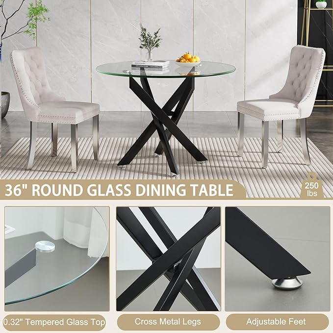 36" Round Dining Table for 4, Modern Clear Glass Kitchen Table for 4 with Black X Metal Legs, Contemporary Small Circle Dining Room Leisure Tables for Kitchen Apartment