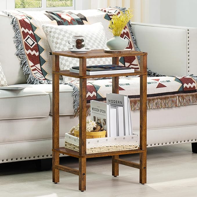 28in Tall Side Table 3-Tier Small Narrow End Table for Couch, Skinny Nightstand for Small Space, Farmhouse Slim Night Stand with Storage, Wooden Frame Thin Bedside Table, for Living Room, Brown